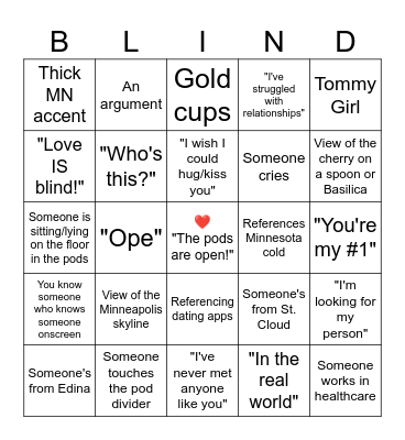 Love is Blind Bingo Card
