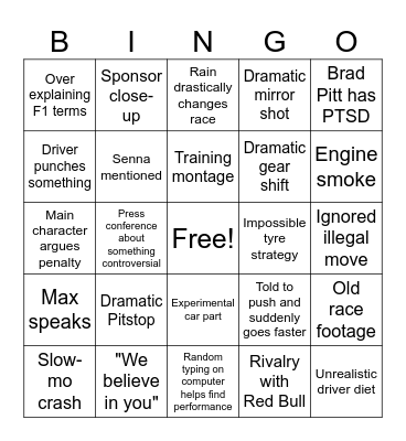 F1 Movie Bingo Card