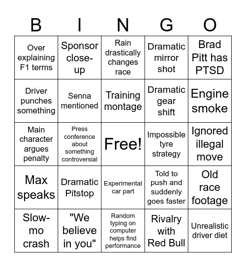 F1 Movie Bingo Card