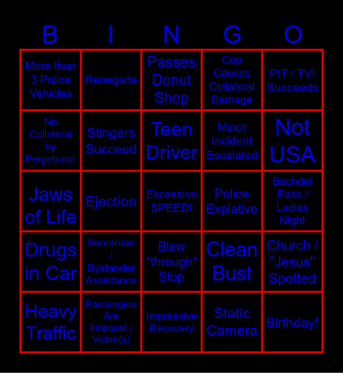 High Speed Pursuit Bingo Card