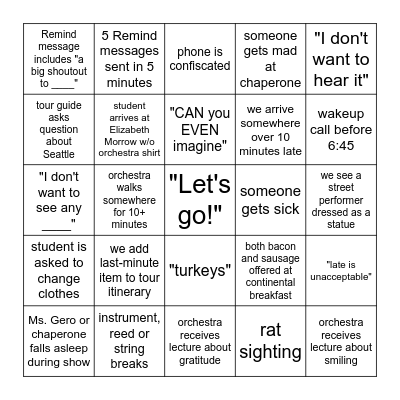 Orchestra Trip Bingo Card