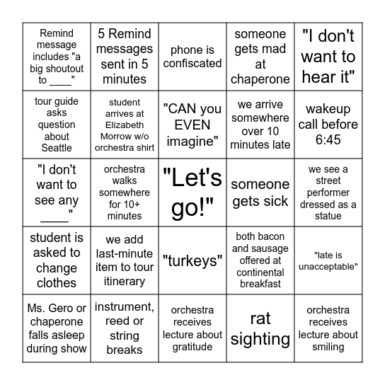 Orchestra Trip Bingo Card