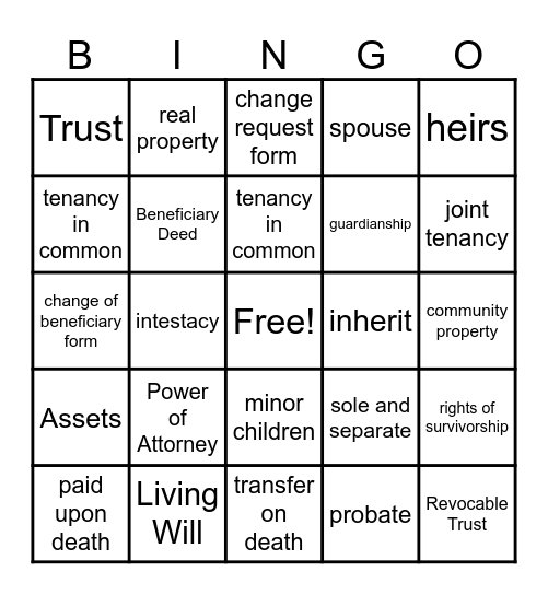 Probate/ Estate Planning Bingo Card