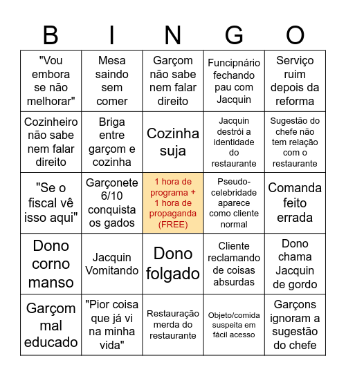 Pesadelo na Cozinha 4º Temporada Bingo Card