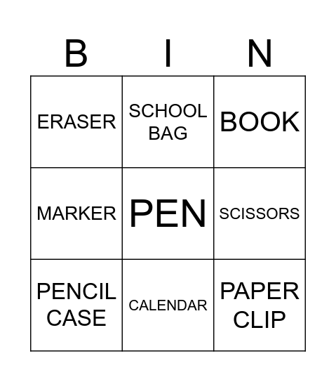 SCHOOL SUPPLIES BINGO Card