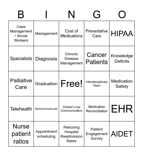 Quality of Care Improvement Bingo Card