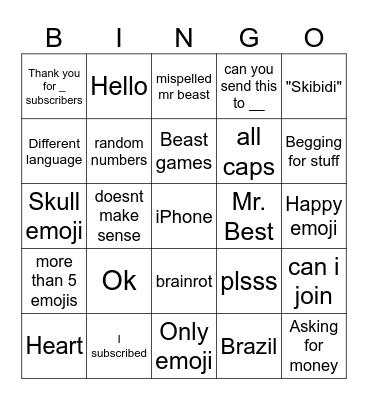mr beast comments Bingo Card