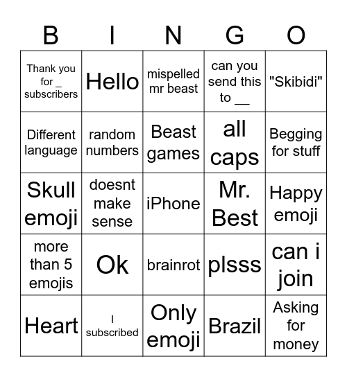 mr beast comments Bingo Card