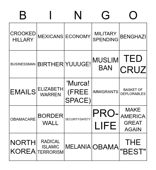 2016 TRUMP Debate Bingo Card