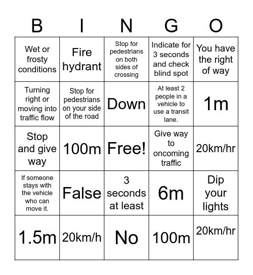 Road Code A Bingo Card