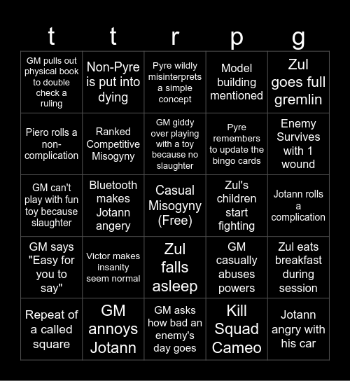 Tuesday Night W&G Bingo Card