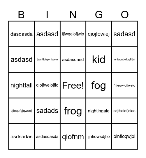 test bingo Card