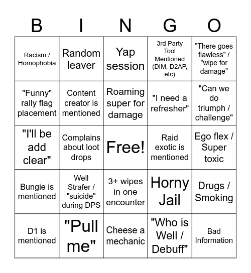 Destiny 2 LFG Bingo Card