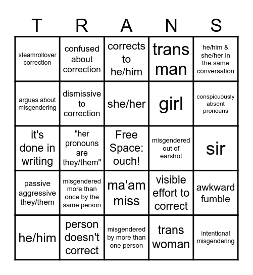 Misgendering Bingo! Bingo Card