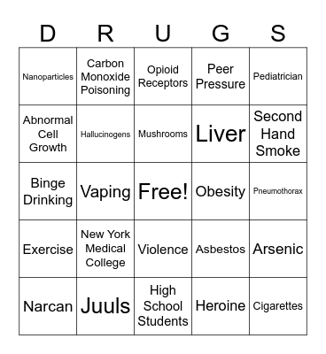Effects of Drug Use Bingo Card
