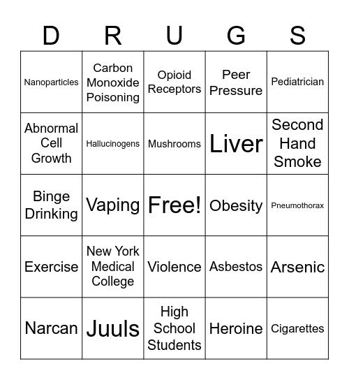 Effects of Drug Use Bingo Card