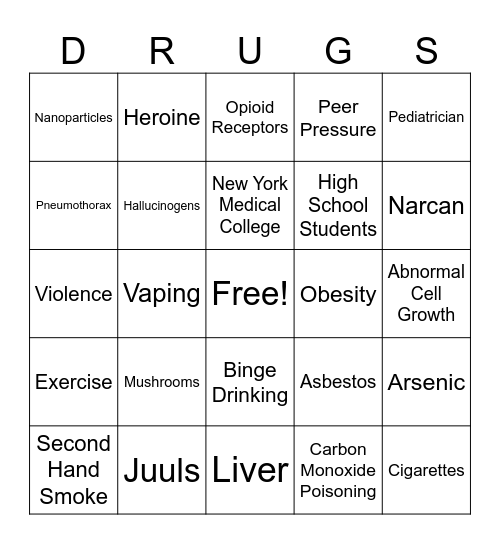 Effects of Drug Use Bingo Card