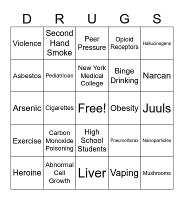 Effects of Drug Use Bingo Card