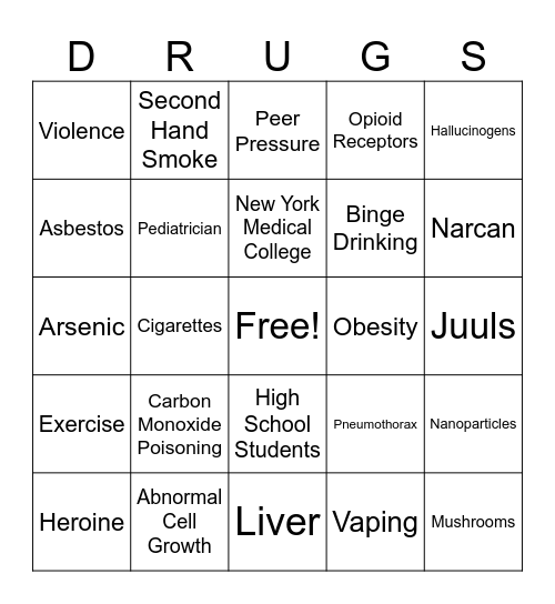 Effects of Drug Use Bingo Card
