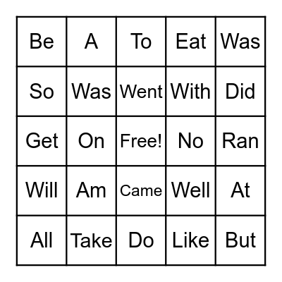 Sight Words Bingo Card