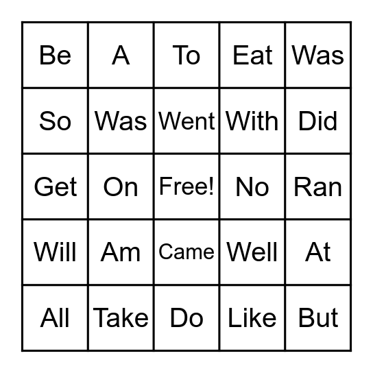 Sight Words Bingo Card