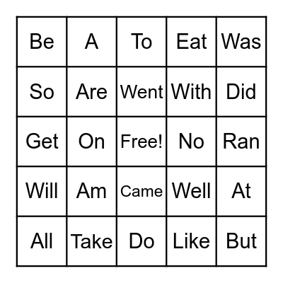 Sight Words Bingo Card