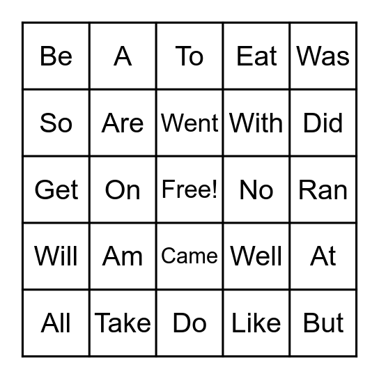Sight Words Bingo Card