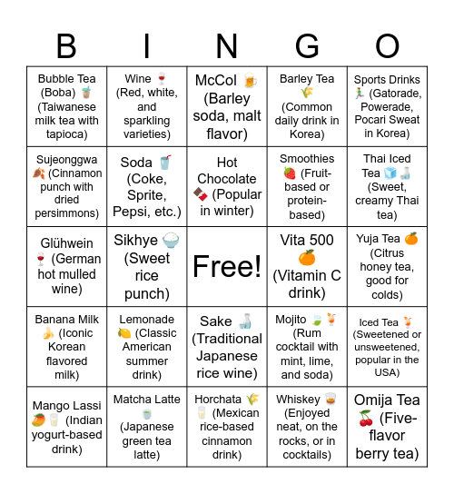 Beverages Bingo Card