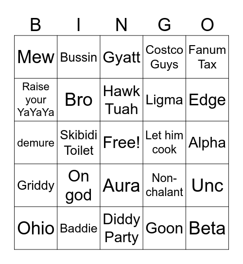 Brainrot Bingo Card