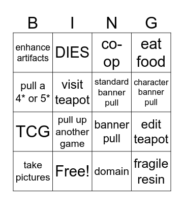 Sprout's Genshin Bingo Card