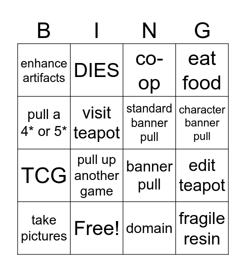 Sprout's Genshin Bingo Card
