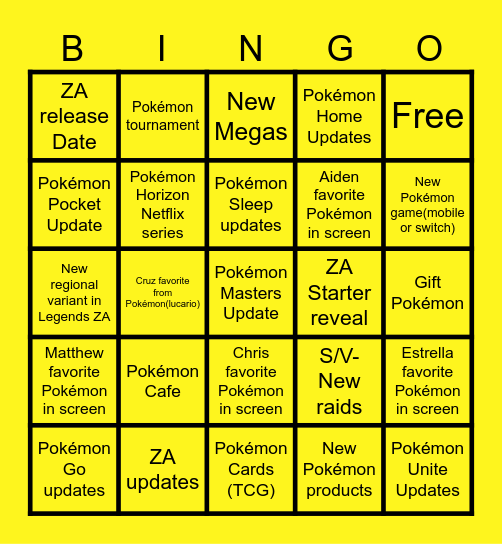 Pokémon Bingo!! Bingo Card