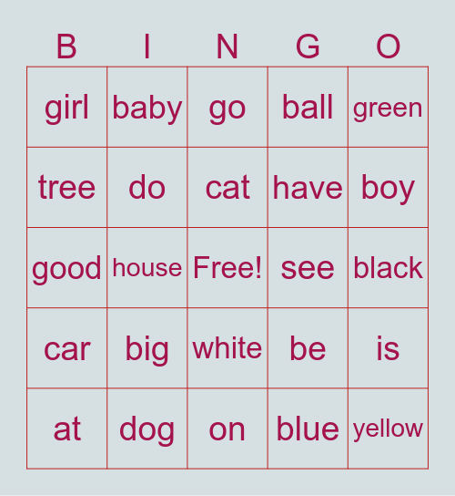 Sight words bingo Card