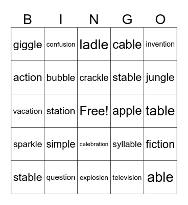 Final Stable Syllable Bingo Card