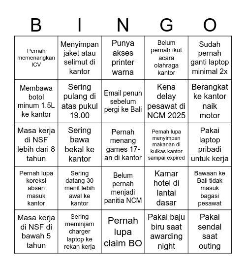 NCM 2025 Bingo Card