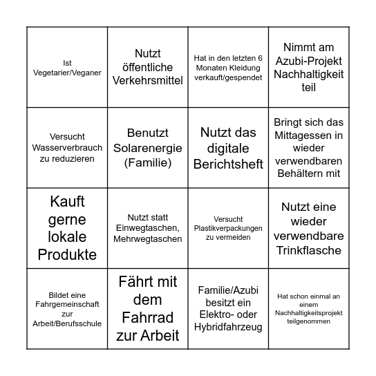 Nachhaltigkeits-Bingo Card