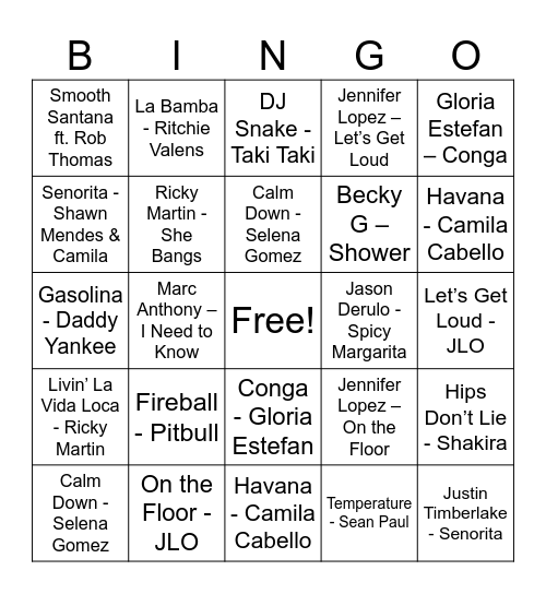 Margarita Music Bingo Card