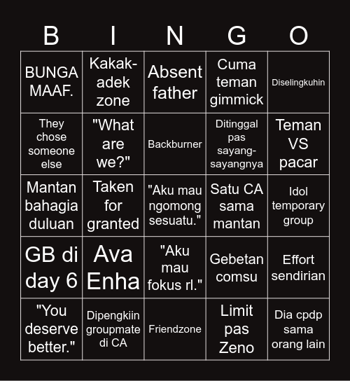 Chloe's Trauma Bingo Card