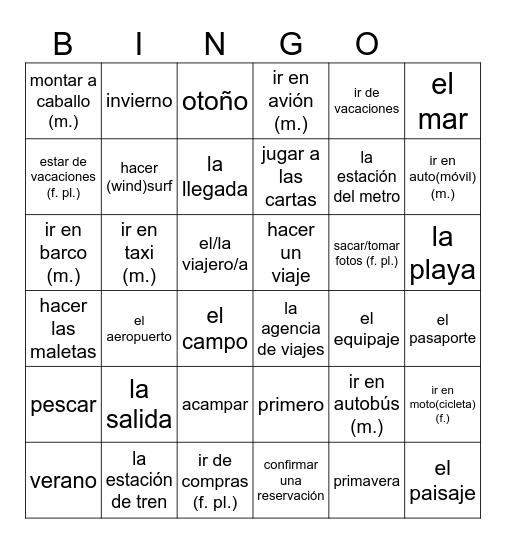 Las vacaciones Unidad 5 VHL Bingo Card