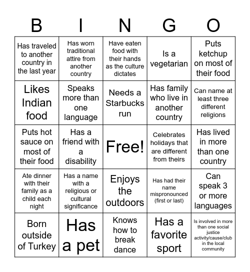 Cultural Diversity Bingo Card