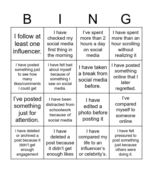 Social Media Bingo Card