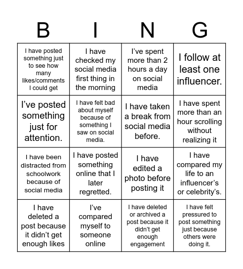 Social Media Bingo Card