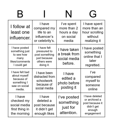 Social Media Bingo Card