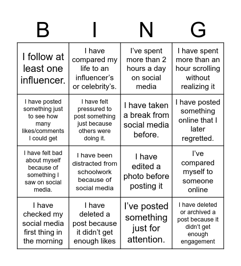 Social Media Bingo Card