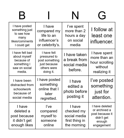 Social Media Bingo Card