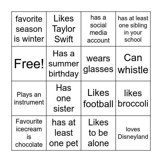 About Me  Age 9-11 Bingo Card