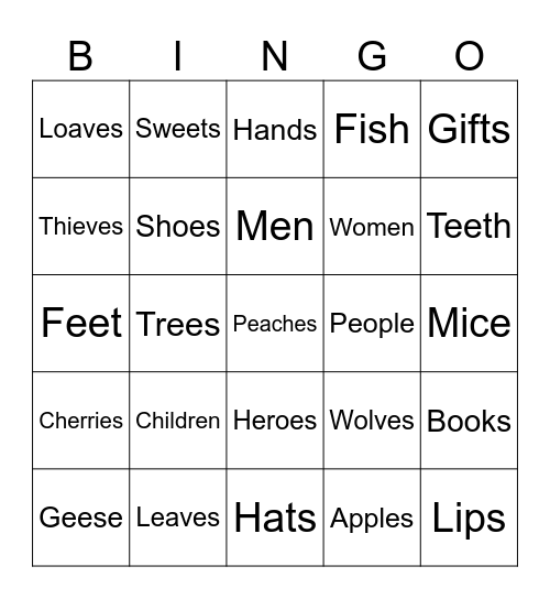 Joshua's plural word BINGO! Bingo Card