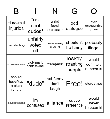 Total Drama Bingo Card