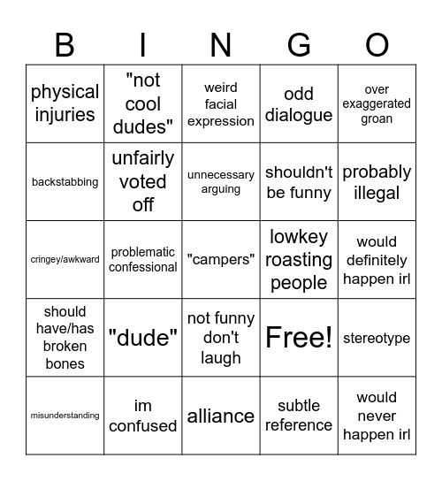 Total Drama Bingo Card