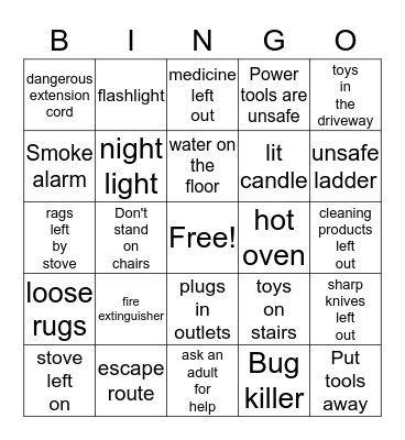 home safety Bingo Card